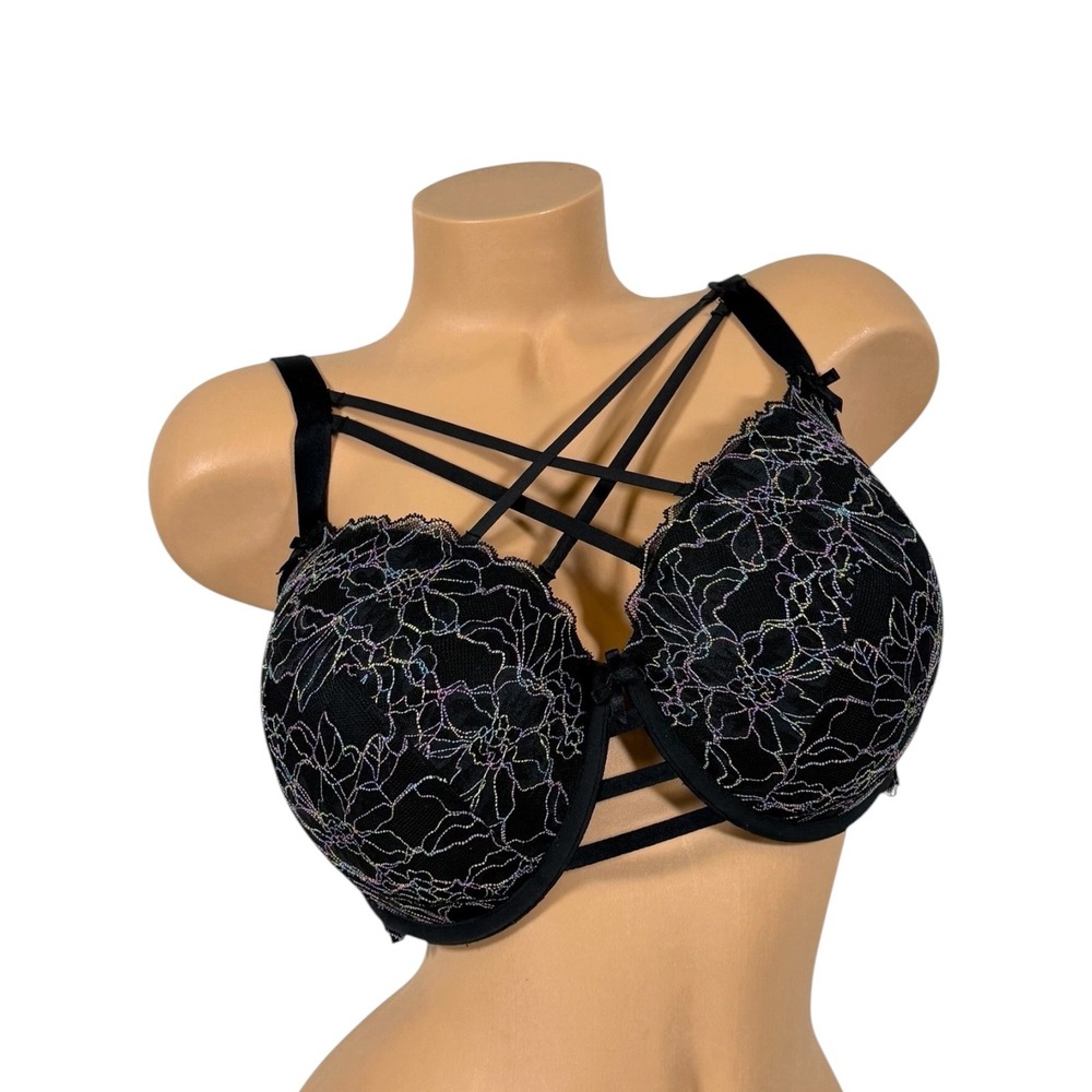 Cacique Boost Balconette Bra 48C Black Lace Iridescent Strappy Cage Underwire‎